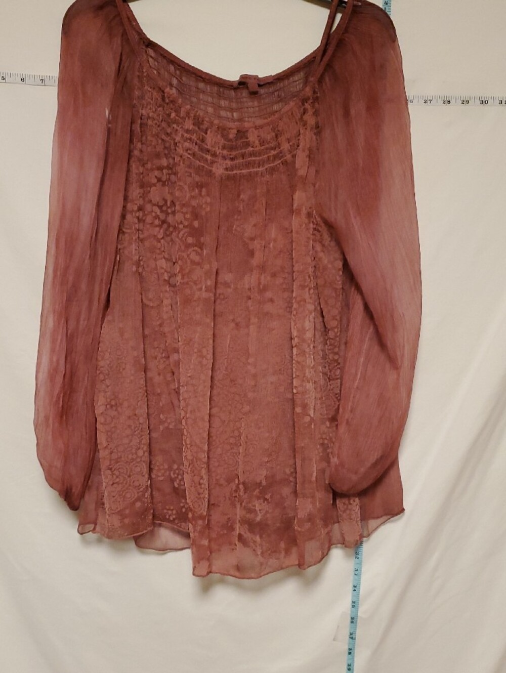 Tempo Paris Sheer Silk Textured Long-Sleeve Mauve Blouse With Tank Top XL Boho